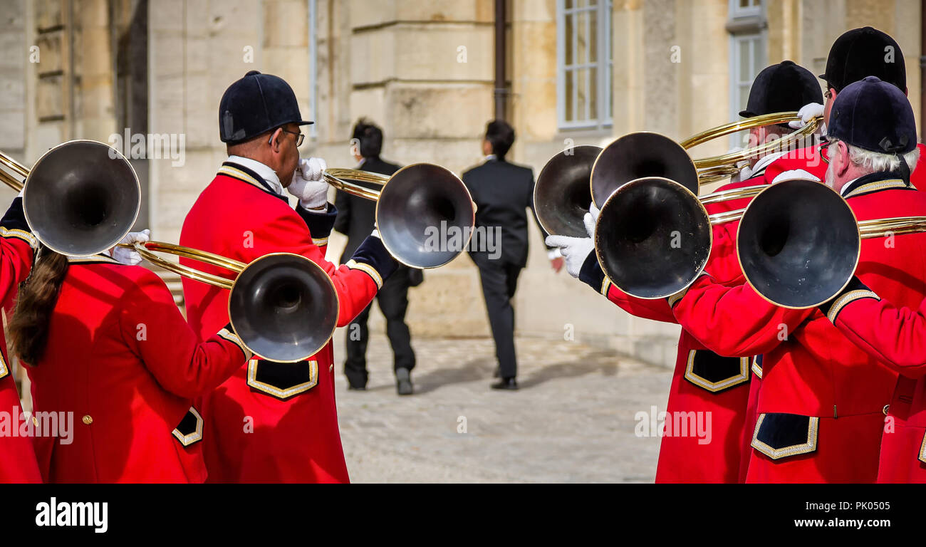 Trumpet end of group of seven hunting horns in Reims, Grand Est, France taken on 27 June 2014 Stock Photo