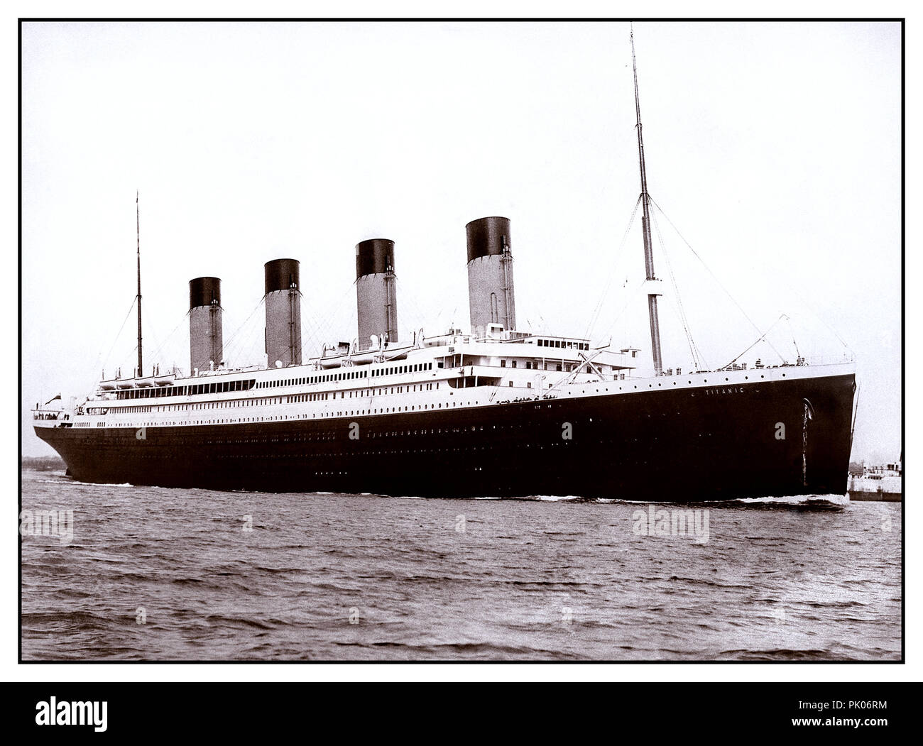 TITANIC RMS Titanic April 2nd 1912 leaving Harland & Wolff Shipyards on her sea trials prior to the tragic fateful maiden voyage Stock Photo