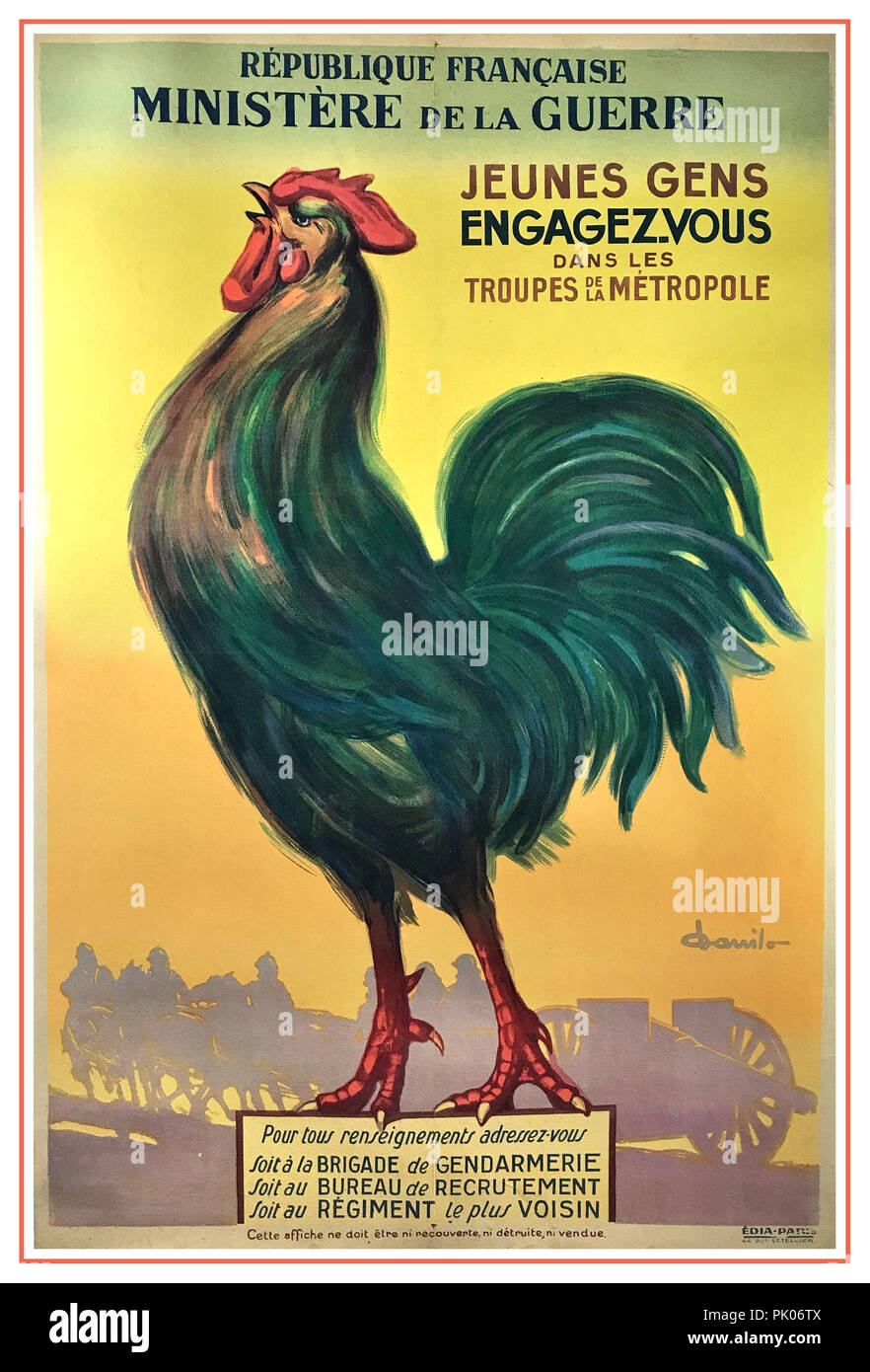 WORLD WAR 1  Vintage French Propaganda Recruitment Poster JEUNES GENS ENGAGEZ VOUS DANS LES TROUPES METROPOLE, 1914. Original WW1 French recruitment poster designed by Danilo during World War 1 to encourage young people to enlist in the Metropolitan Forces. Printed by the Republic of France Ministry of War this poster depicts the Gallic Rooster which symbolizes the nation of France and is often seen on French postage stamps.  The traditional symbolic rooster is front of the design set against a background of French troops on horseback hauling artillery on the WW1 battlefield. Stock Photo