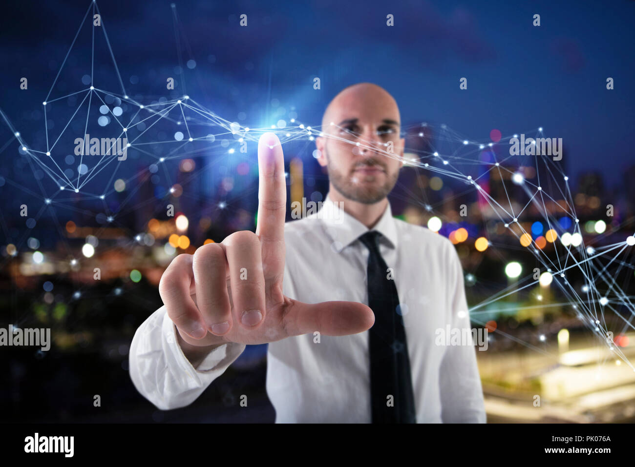 Businessman works with futuristic internet interface Stock Photo
