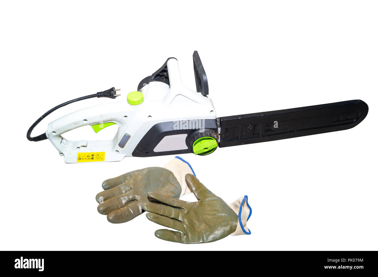chainsaw and gloves isolated on white background Stock Photo