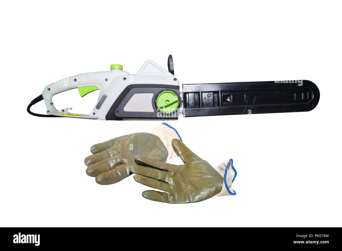 chainsaw and gloves isolated on white background Stock Photo
