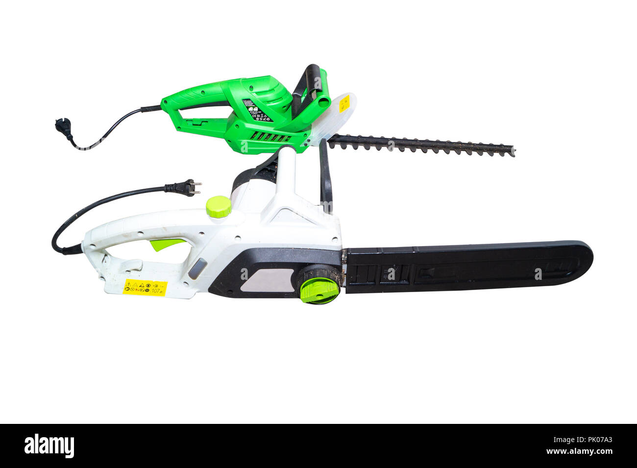 chainsaw and hedge trimmers isolated on white background Stock Photo