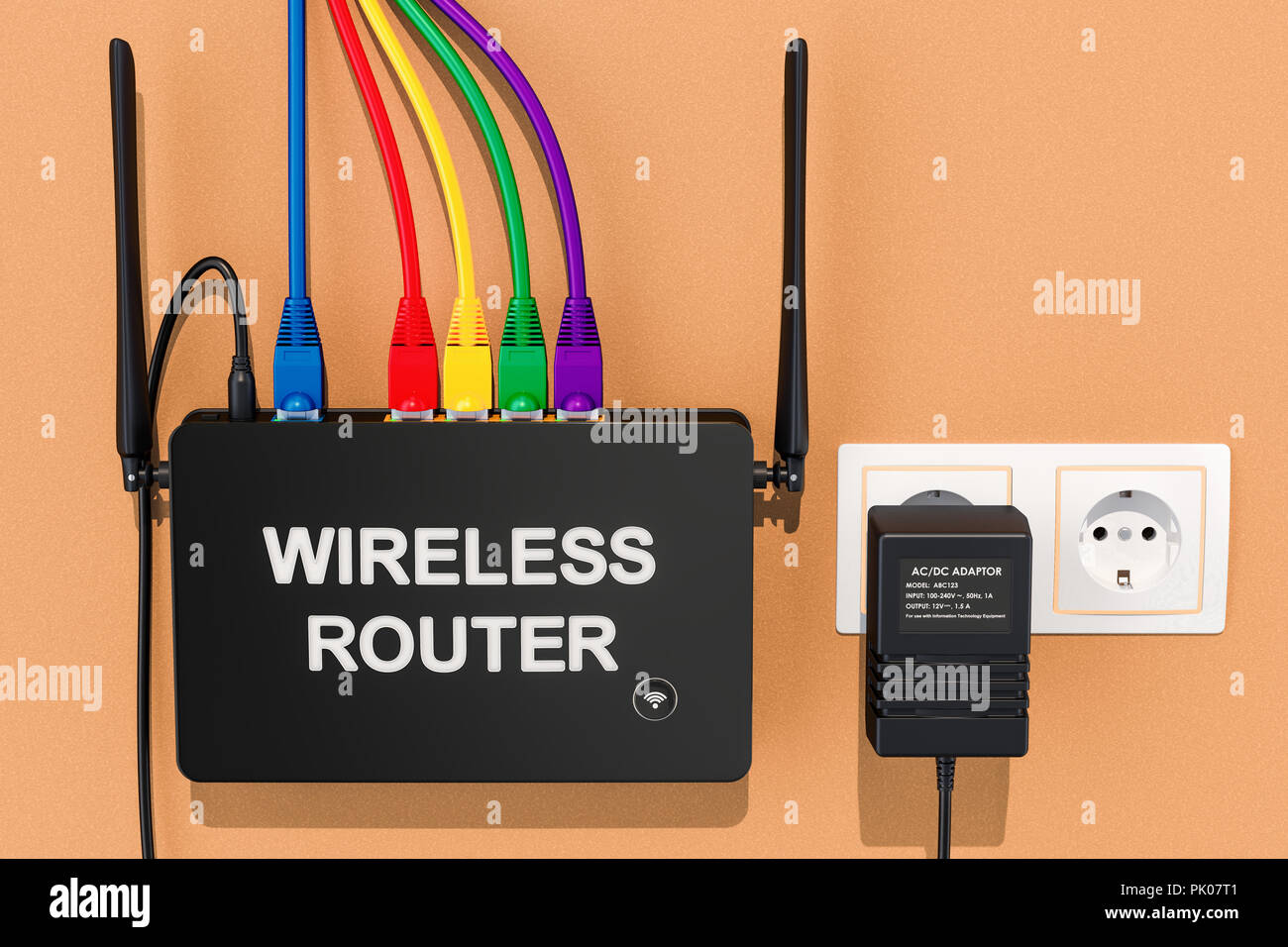 Wireless internet router on the wall with plug in the socket, 3D rendering  Stock Photo - Alamy