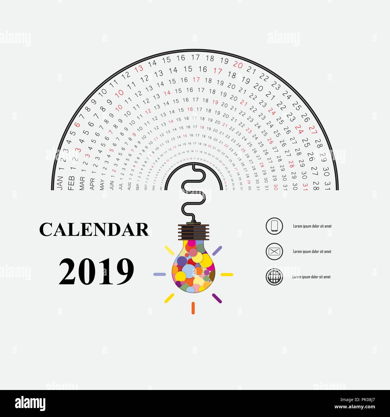 2019 Calendar Template With Idea Light Bulb Iconsemicircle Calendarcalendar 2019 Set Of 12 5302