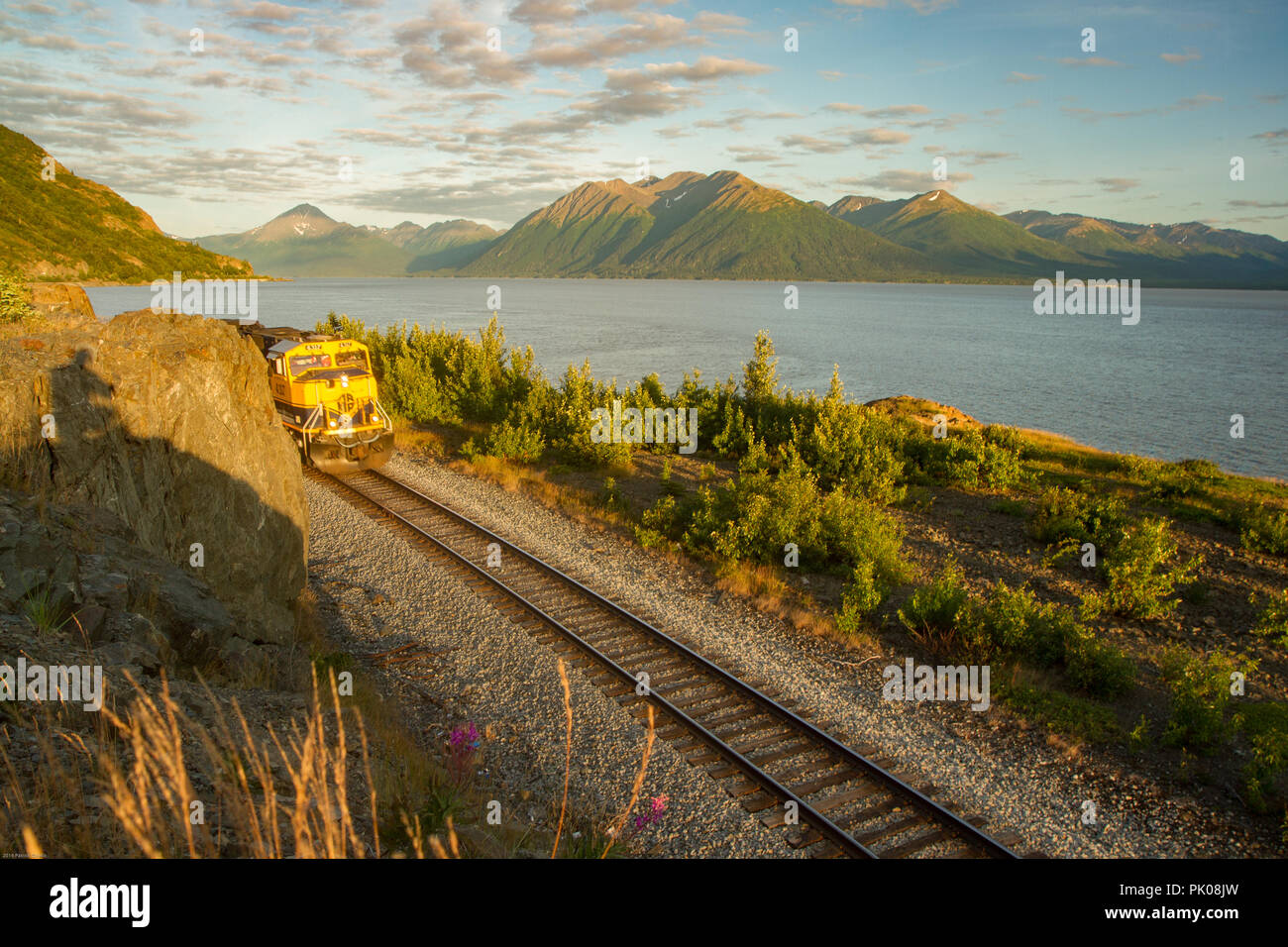 Alaska Denali Star train passing along tracks next to lake with ...