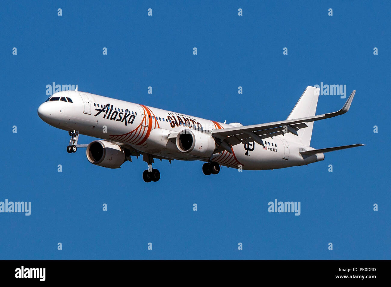 Airbus A321-253N (N924VA) operated by Alaska Airlines with the San Francisco Giants livery on approach to San Francisco International Airport (KSFO), San Francisco, California, United States of America Stock Photo