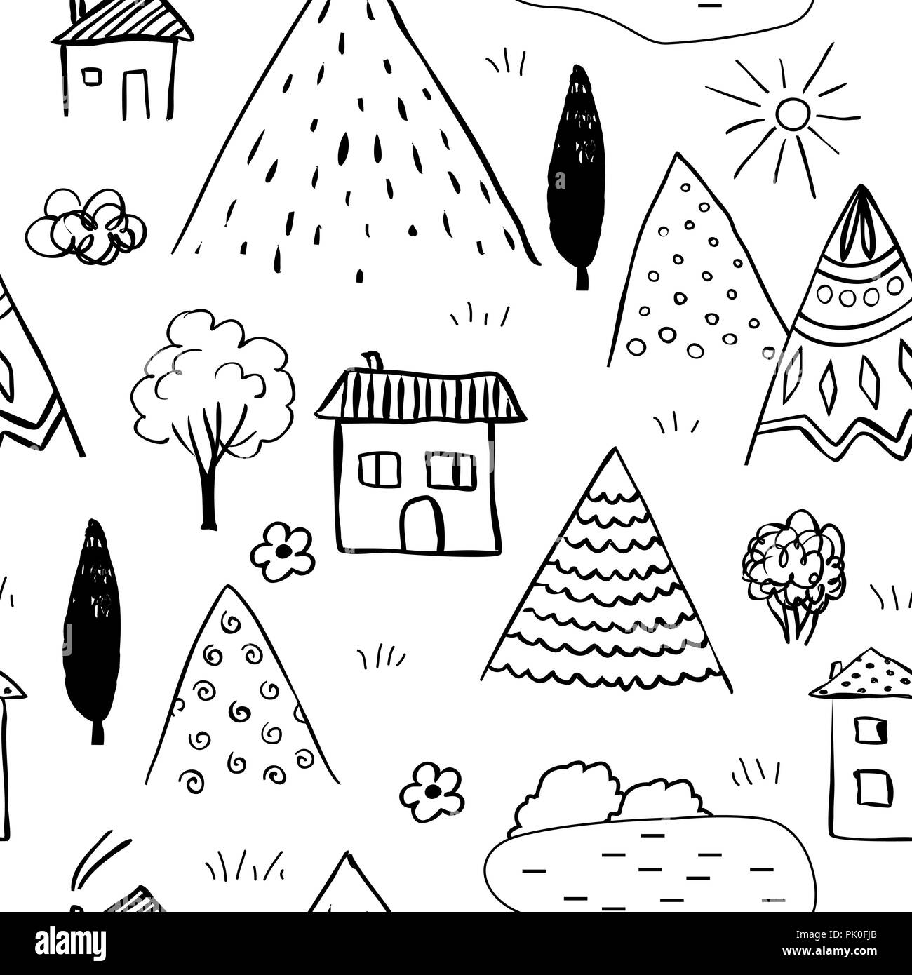 Country landscape seamless pattern. Hand drawn doodle mountains, cute houses and tree. Caucasus landscape, vector background for textile, wallpapers,  Stock Vector