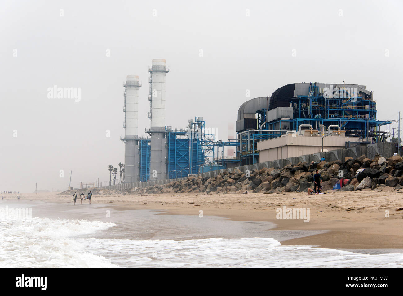 A view of an industrial factory at the beach in Los Angeles, California
