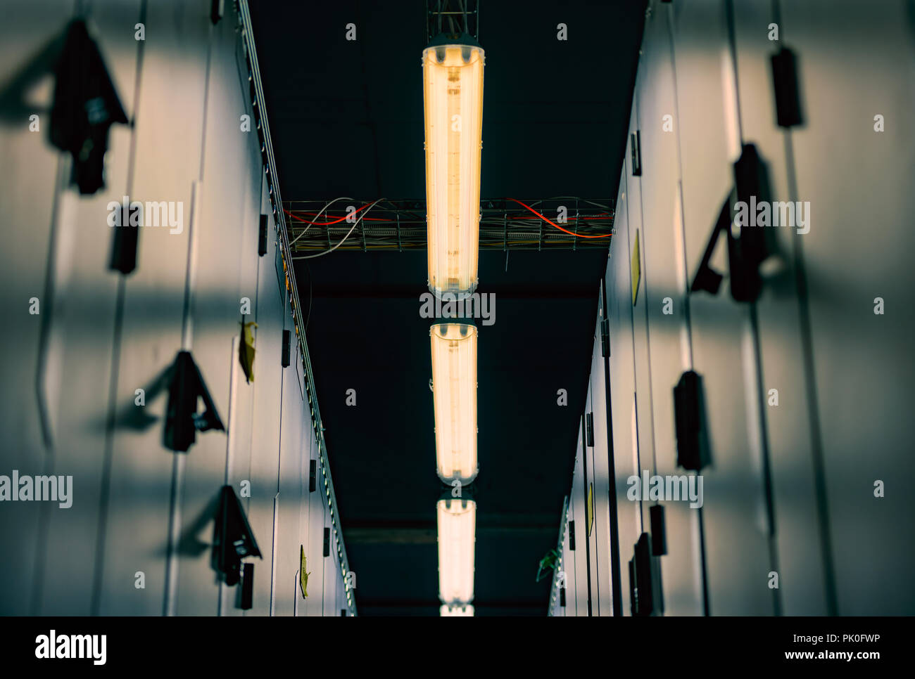 Abstract of modern high tech internet data center room with rows of ...