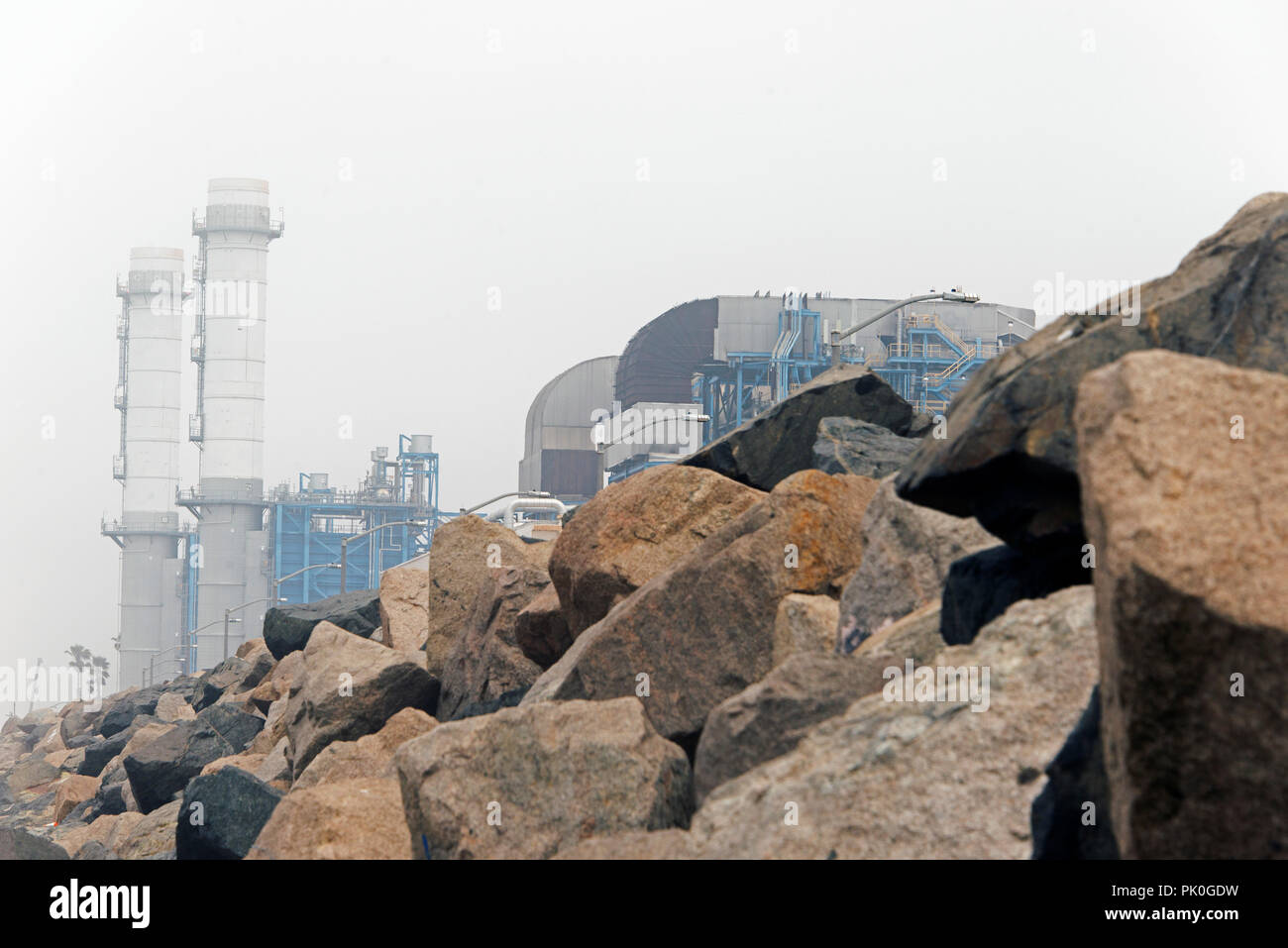 A view of an industrial factory at the beach in Los Angeles, California