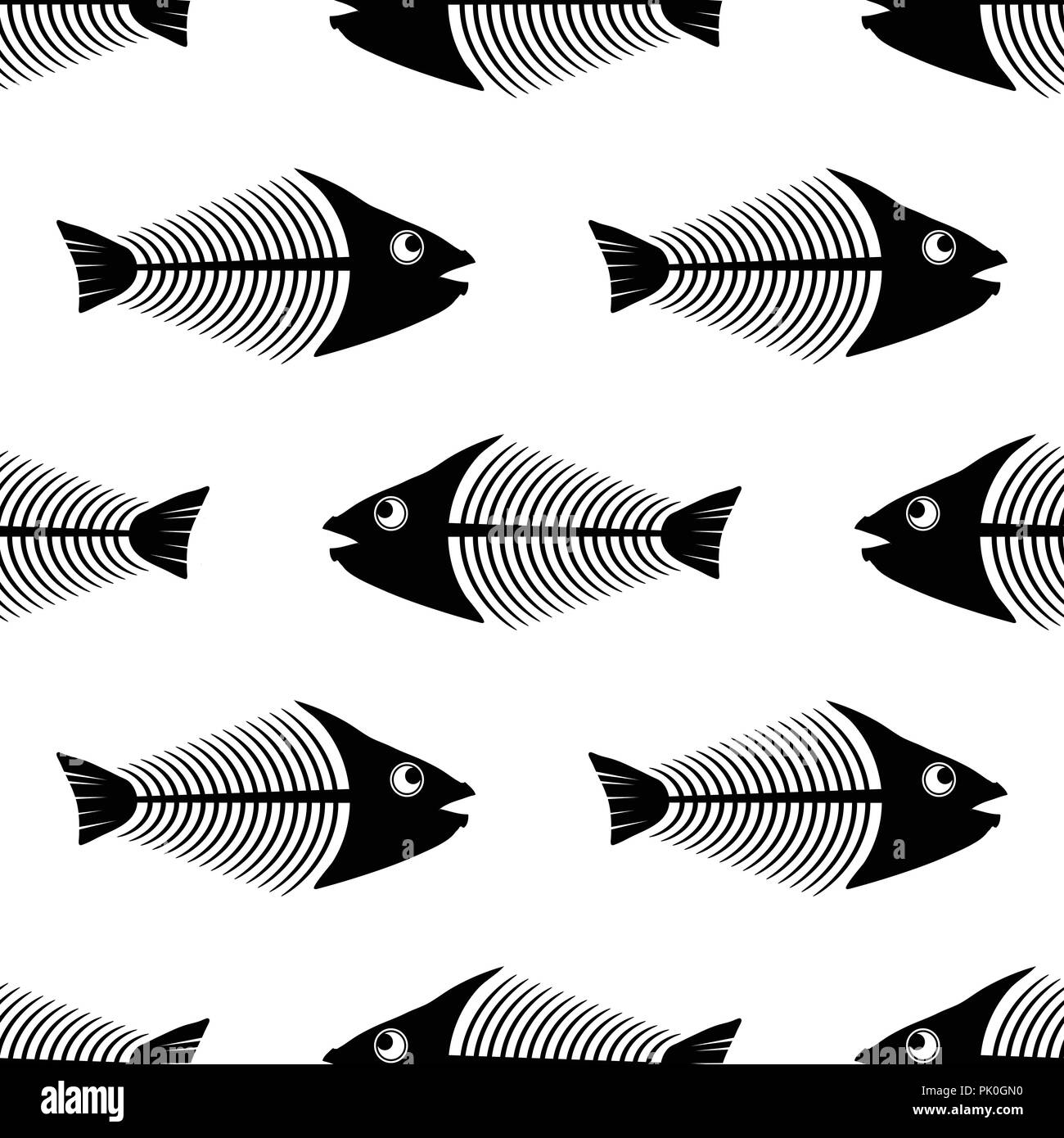 Fish Bone Skeleton Seamless Pattern. Sea Fishes Icons Stock Vector