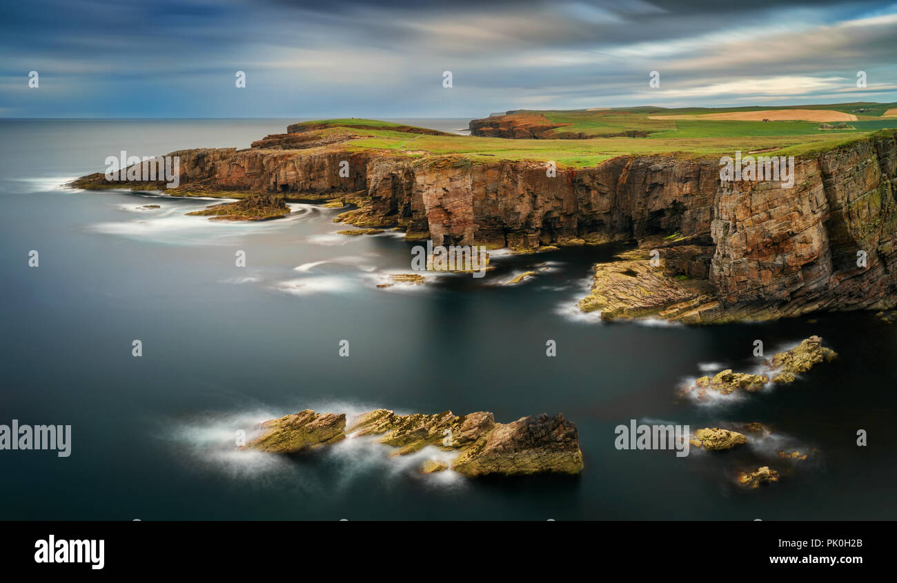 Panorama of Yesnaby cliffs with Castle Rock in center, Orkney Islands, Scotland Stock Photo