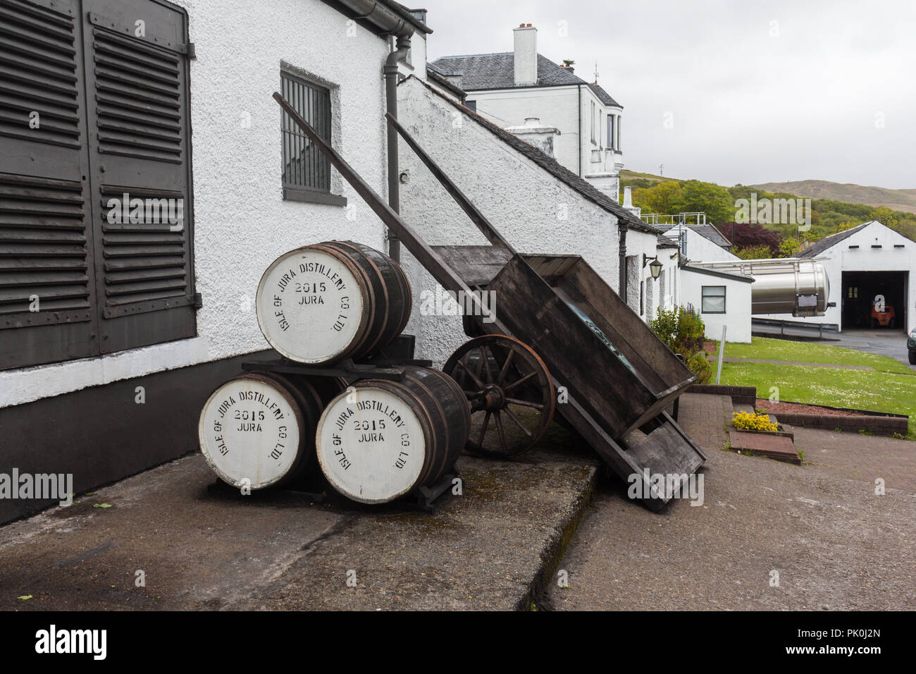 Jura Whisky barrels and cart at the Jura Distillery, Craighouse, Jura, Scotland. Stock Photo
