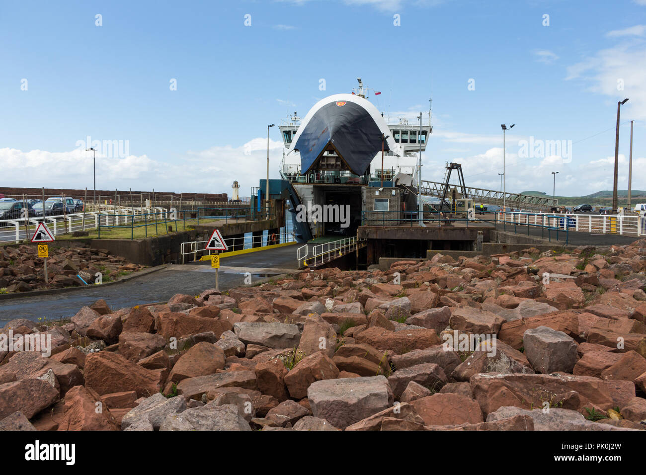 Ferry door open to allow cars and people to board. Ardrossan Harbour, Scotland. Stock Photo