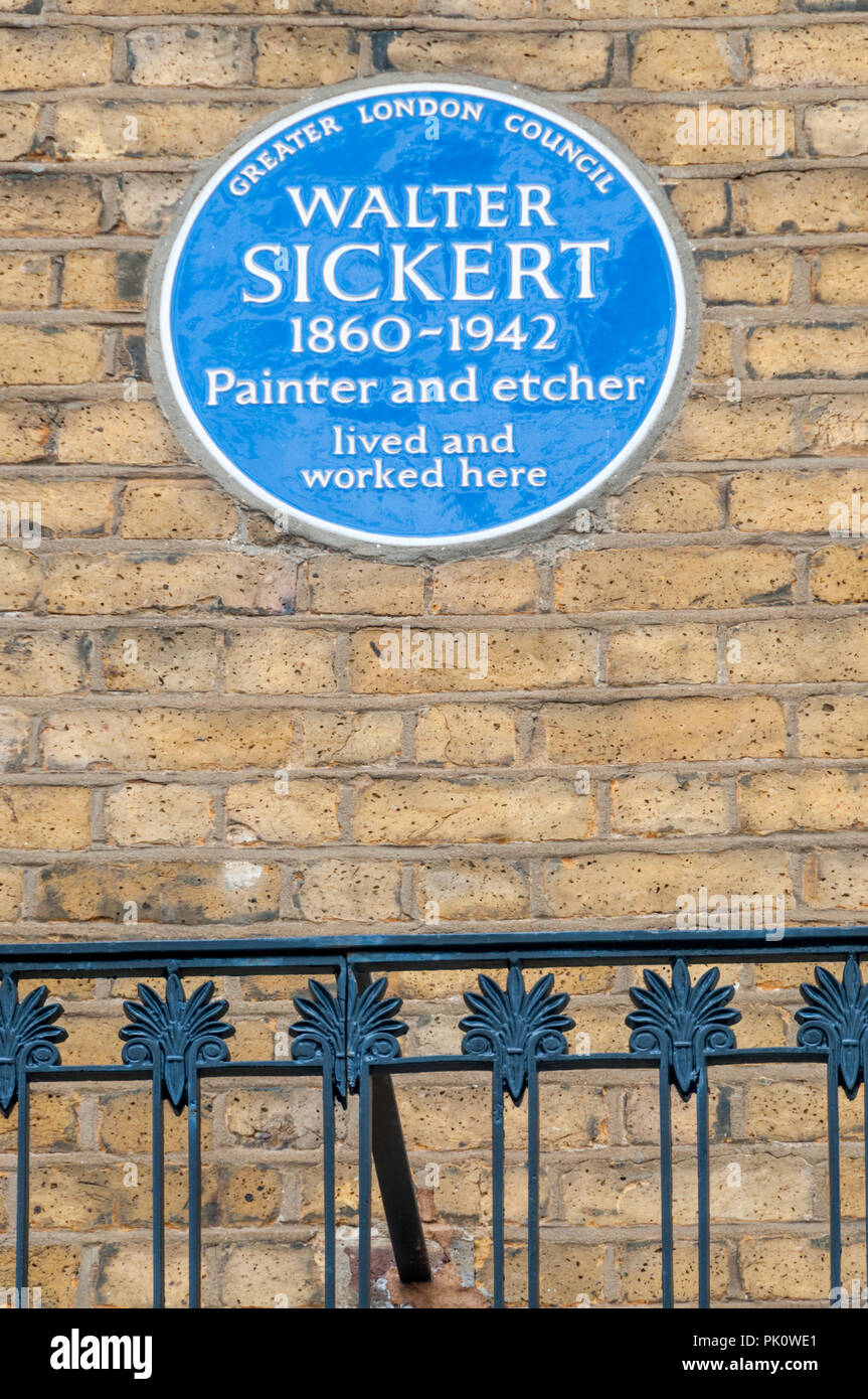 A blue plaque on the house in Mornington Crescent, Camden Town, where the painter Walter Sickert once lived and worked. Stock Photo