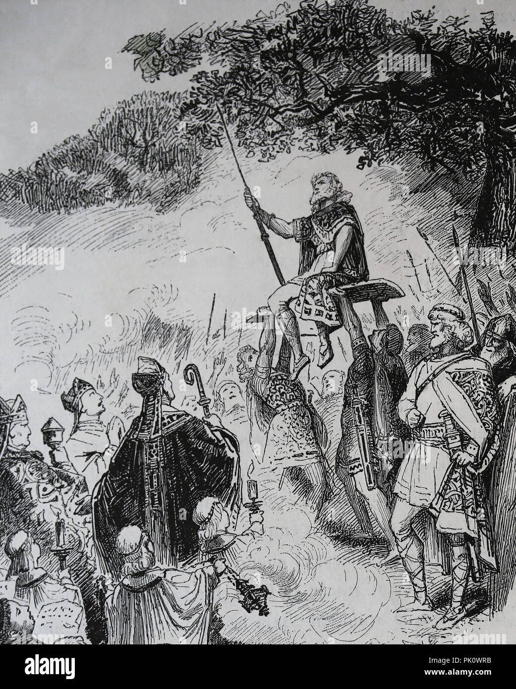 Pepin the Short (714-768) declared King of the Franks by Boniface, Archbishop of Mainz. Soissons, France, 751. History of Germany, 1882. Stock Photo