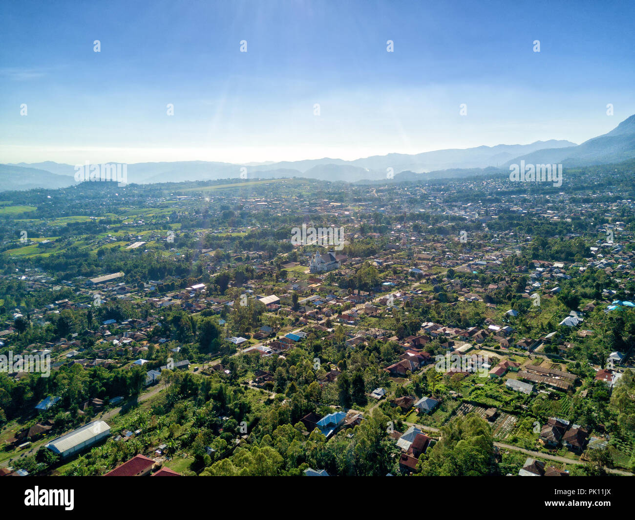 Aerial view of the town of Ruteng in western part of East Nusa Tenggara ...