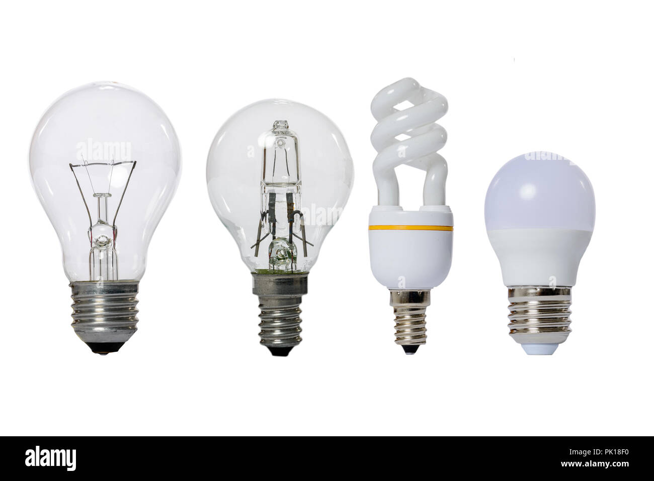Group of lamps on a white background: led, fluorescent, incandescent, halogen with opaque glass bulb and E27 socket. Stock Photo
