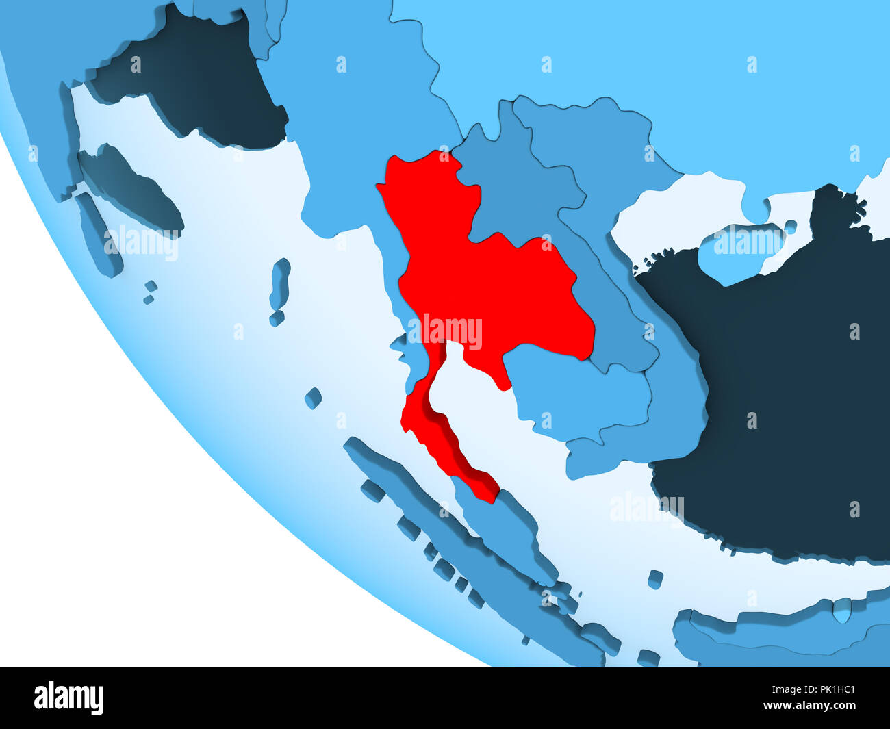 Thailand highlighted in red on blue political globe with transparent oceans. 3D illustration. Stock Photo