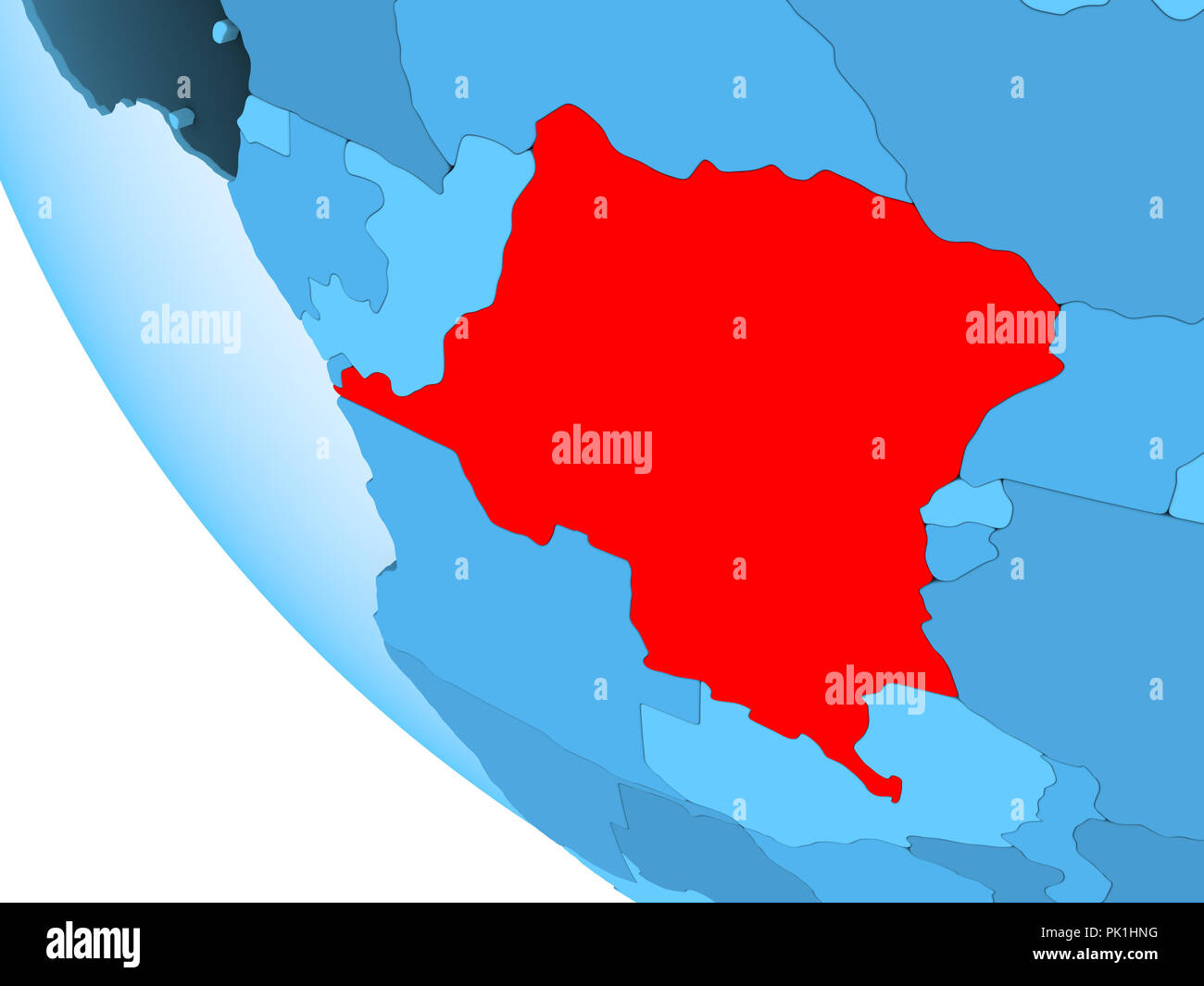 Democratic Republic of Congo highlighted in red on blue political globe ...