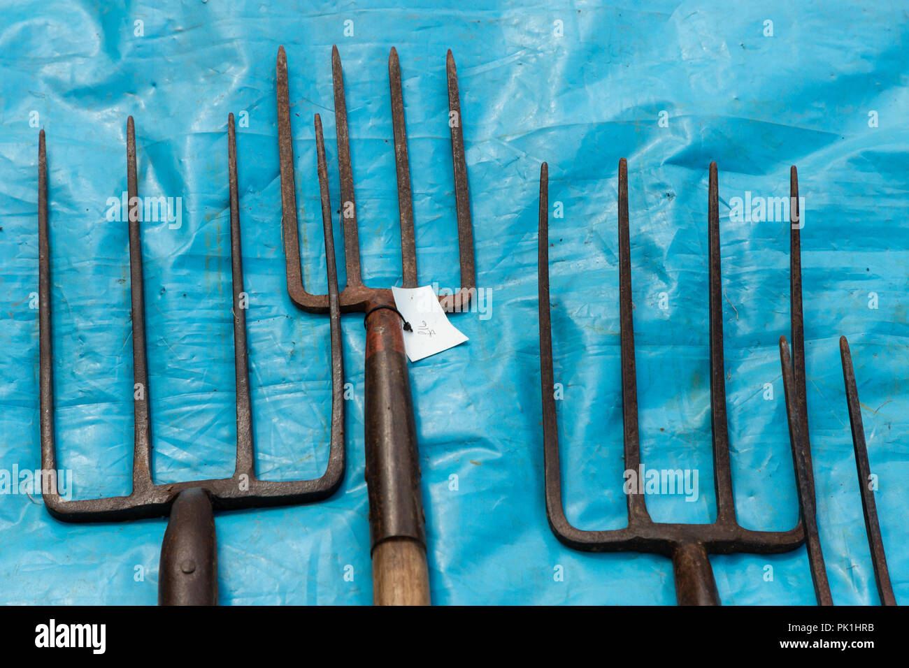 assortment of pitchforks for sale at the Llanthony fair Stock Photo Alamy