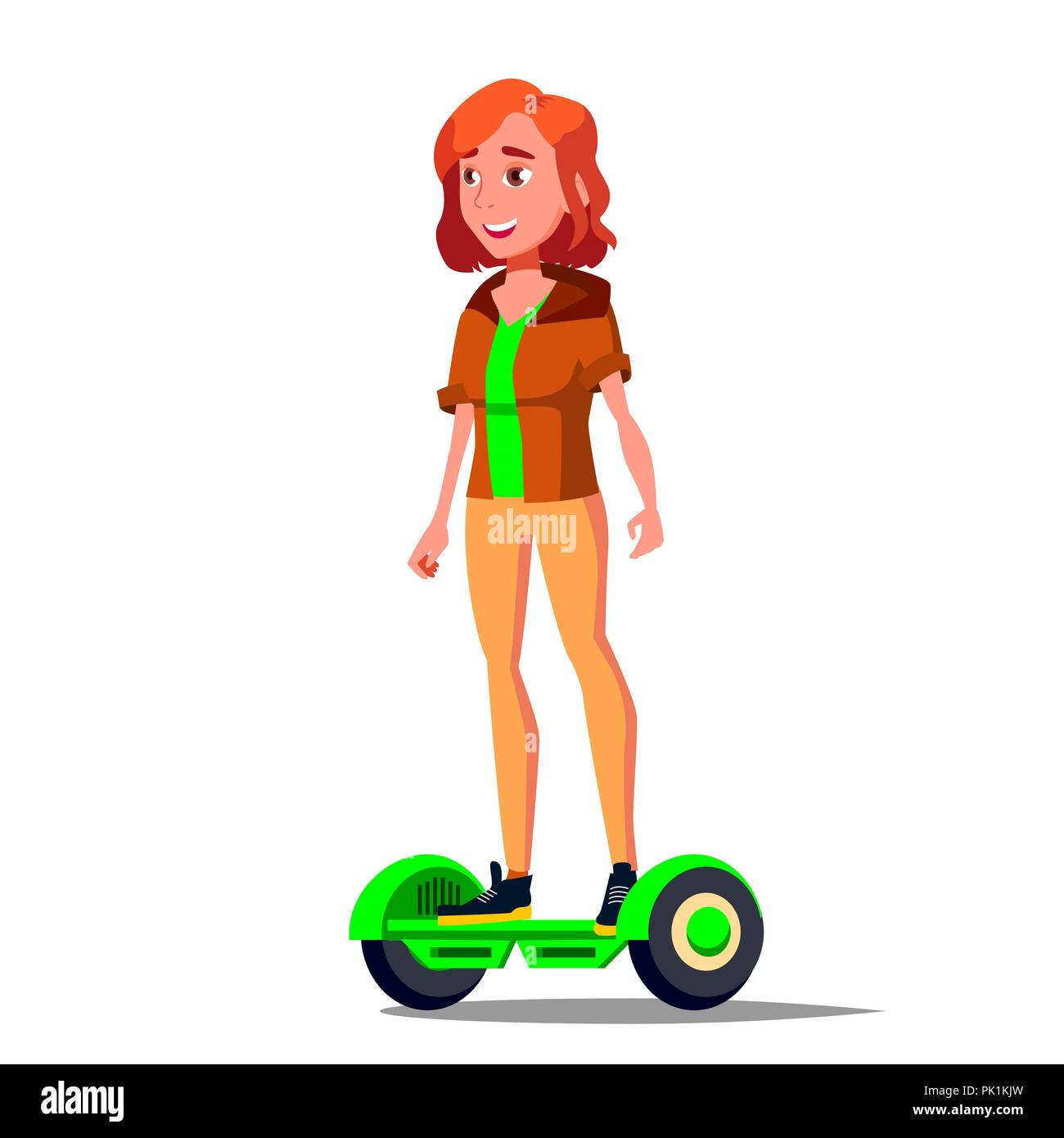 Teen Girl On Hoverboard Vector. Riding On Gyro Scooter. Outdoor Activity. TwoWheel Electric