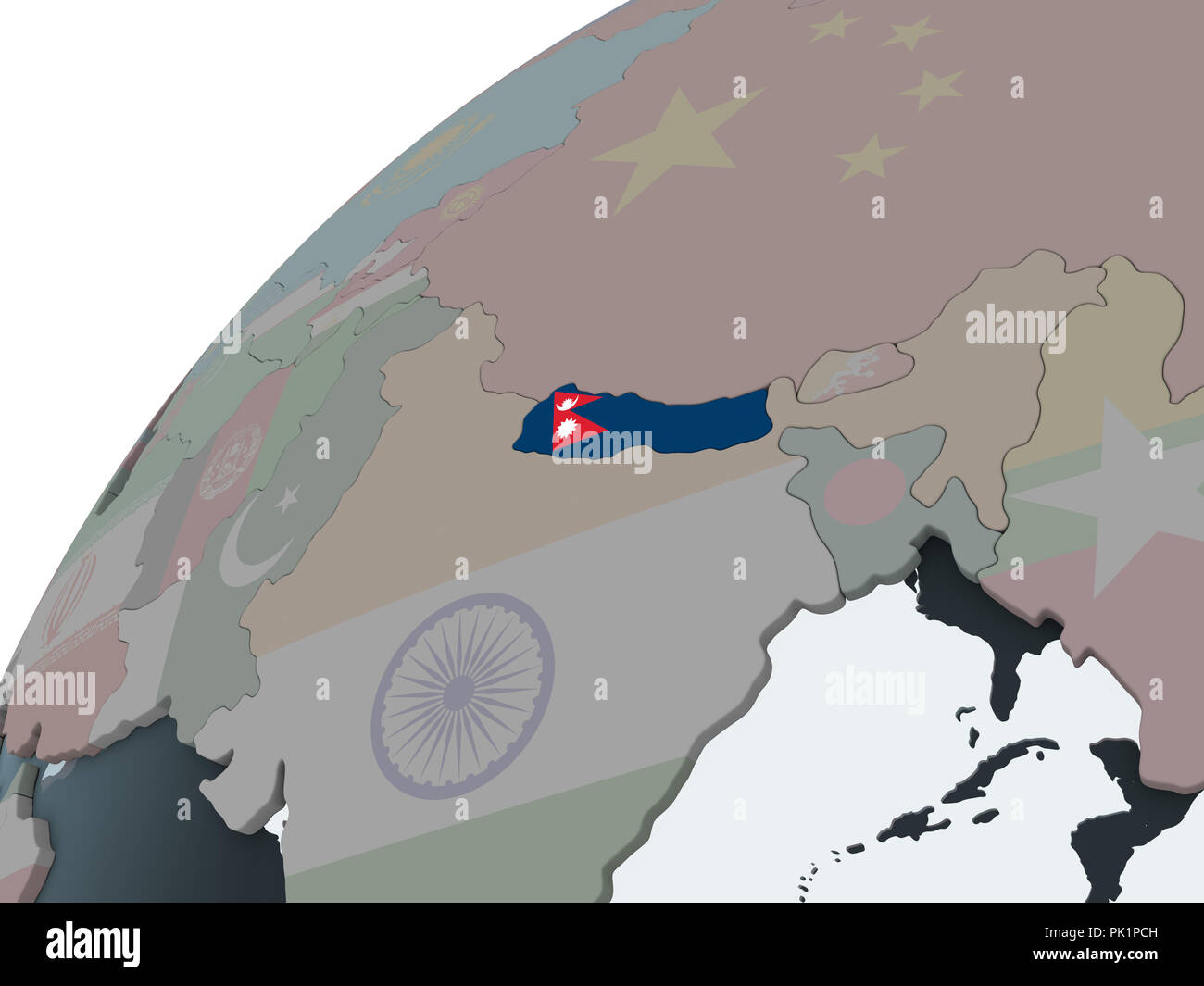 Nepal on political globe with embedded flag. 3D illustration Stock ...
