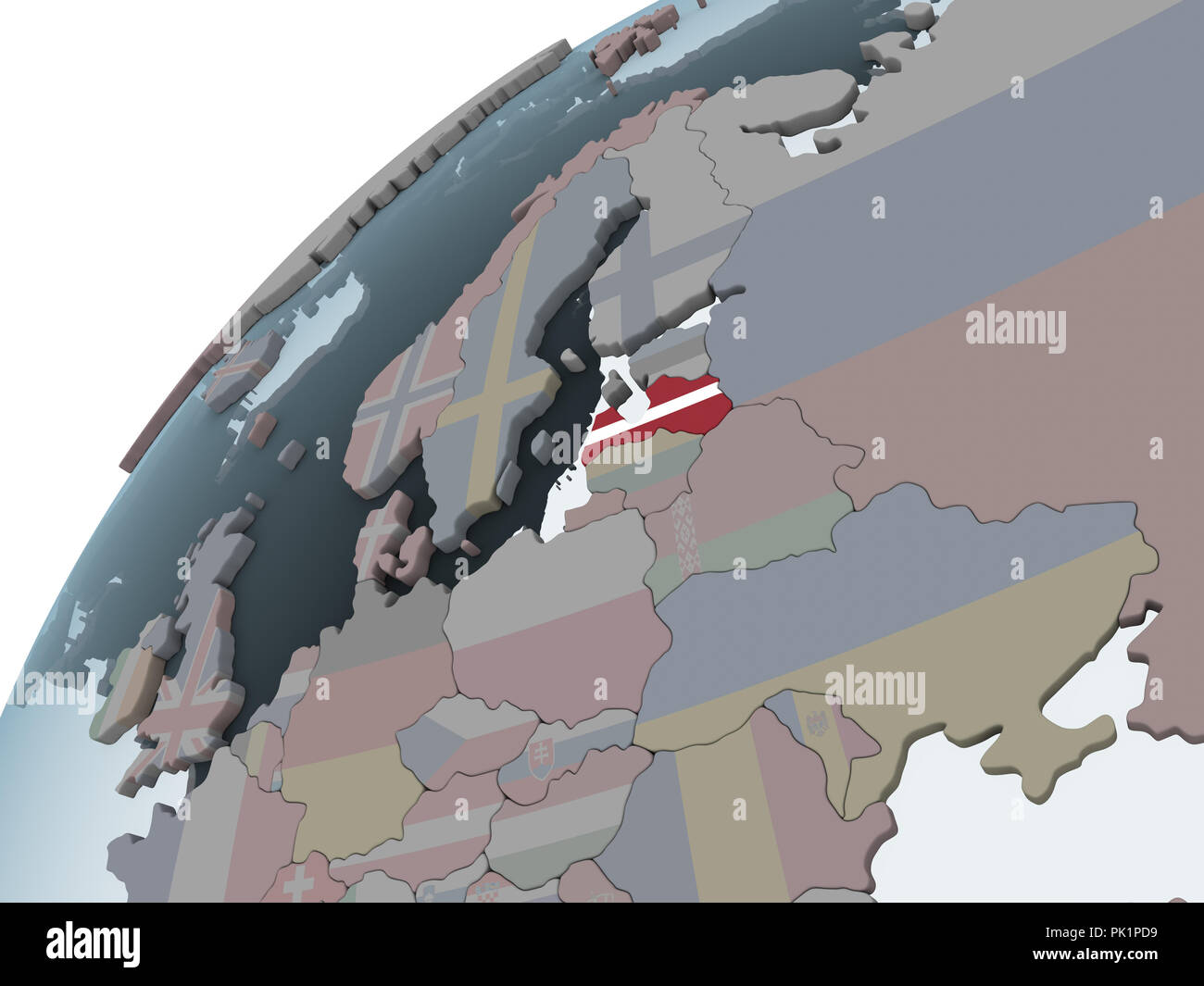 Latvia on political globe with embedded flag. 3D illustration Stock ...