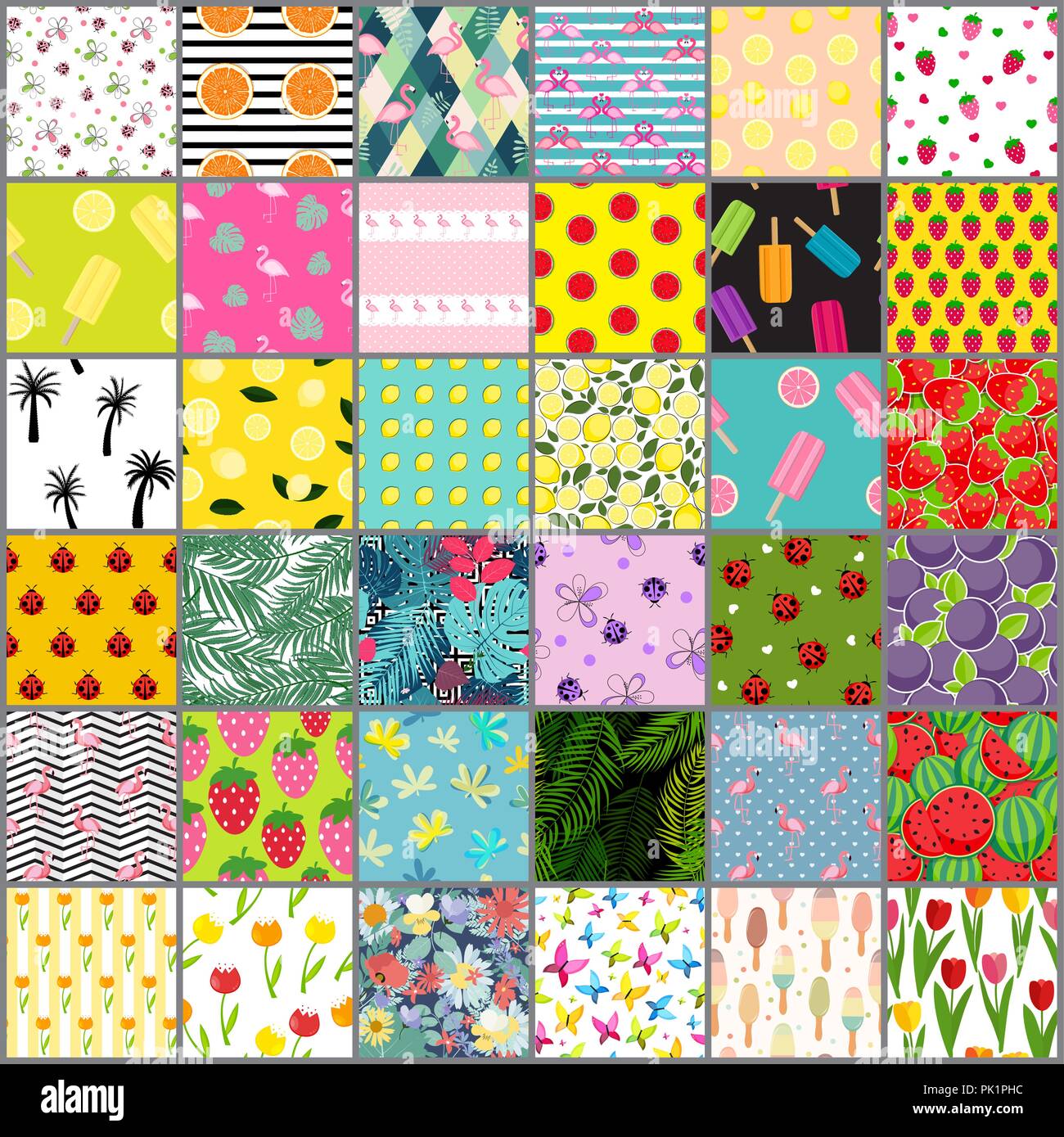 Big 36 Summer Seamless Pattern Background Collection Set. Vector Illustration Stock Vector