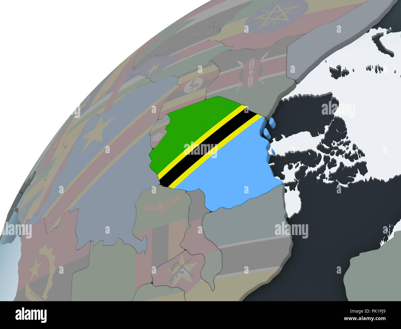Tanzania on political globe with embedded flag. 3D illustration Stock ...