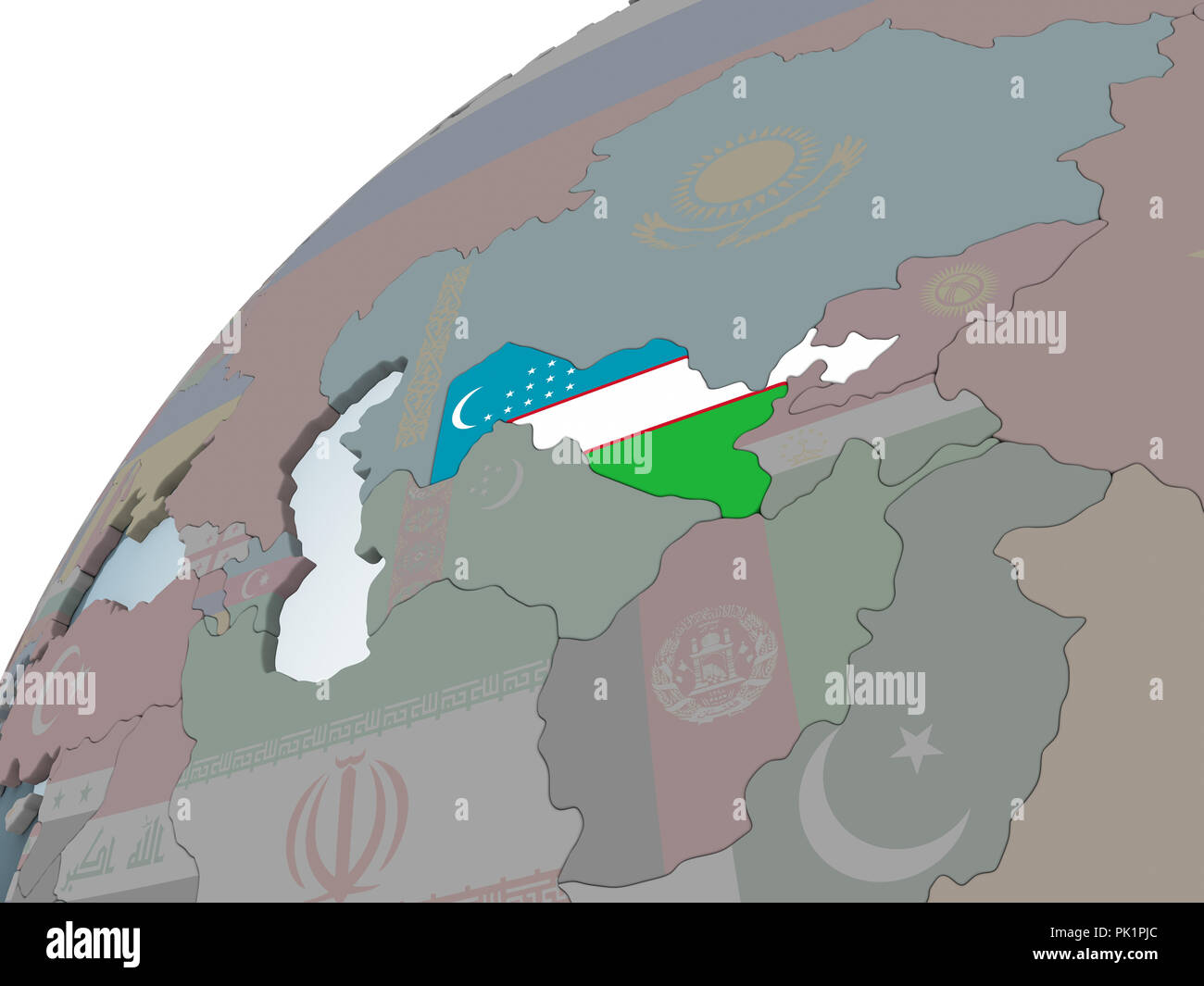 Uzbekistan on political globe with embedded flag. 3D illustration Stock ...