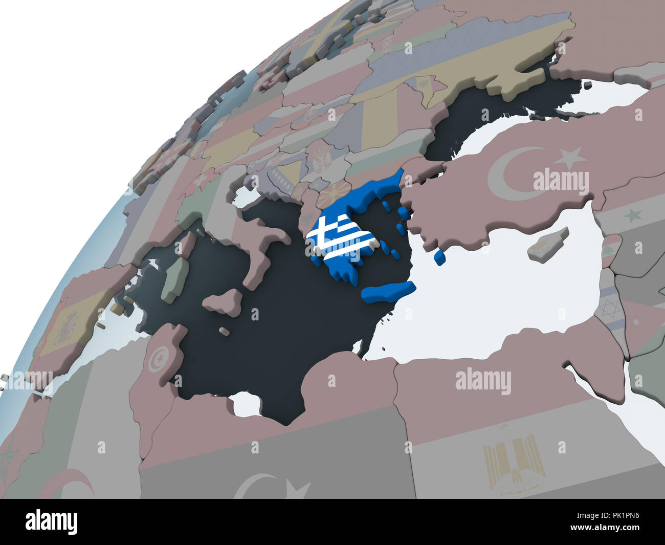 Greece on political globe with embedded flag. 3D illustration Stock ...