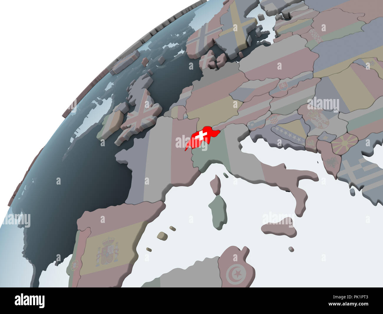 Switzerland on political globe with embedded flag. 3D illustration ...