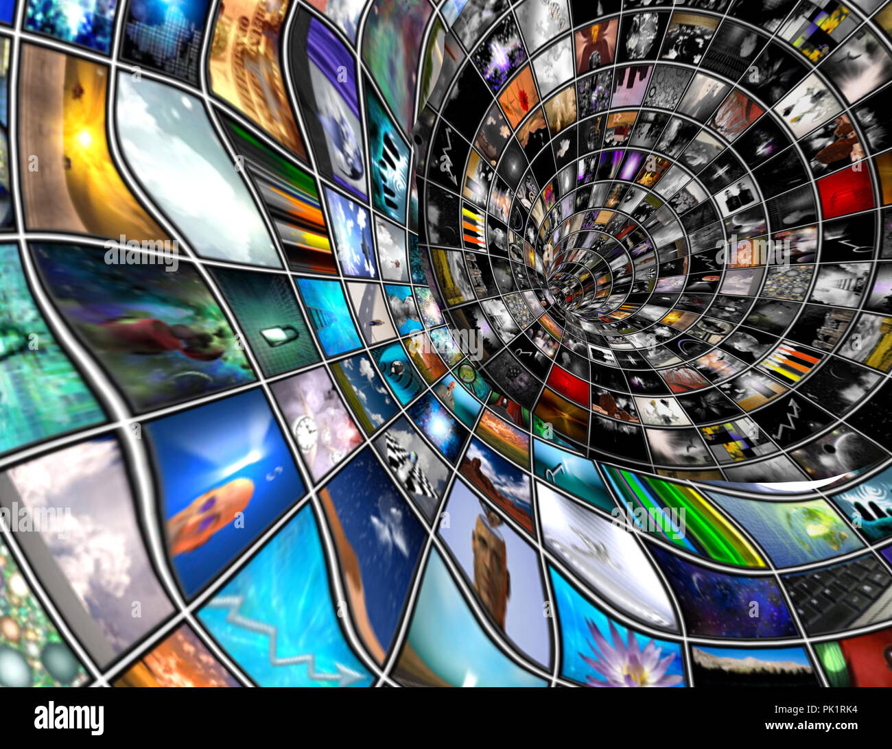 Tunnel of media screens with different pictures Stock Photo Alamy