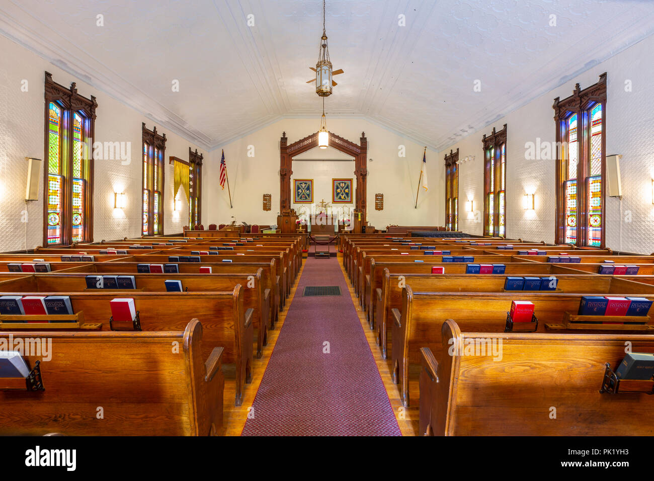 The interior of Trinity United Methodist Church in Oak Bluffs, Massachusetts on Martha's Vineyard. Stock Photo