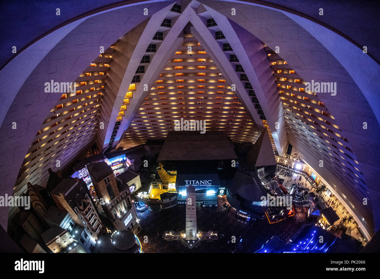 Luxor Hotel and Casino interior, Las Vegas. From above to balconies of rooms across the pyramid and down to the foyer. Stock Photo