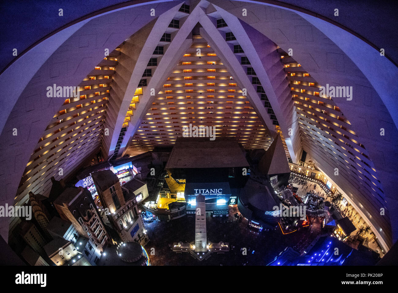 Luxor Hotel and Casino interior, Las Vegas. From above to balconies of  rooms across the pyramid and down to the foyer Stock Photo - Alamy