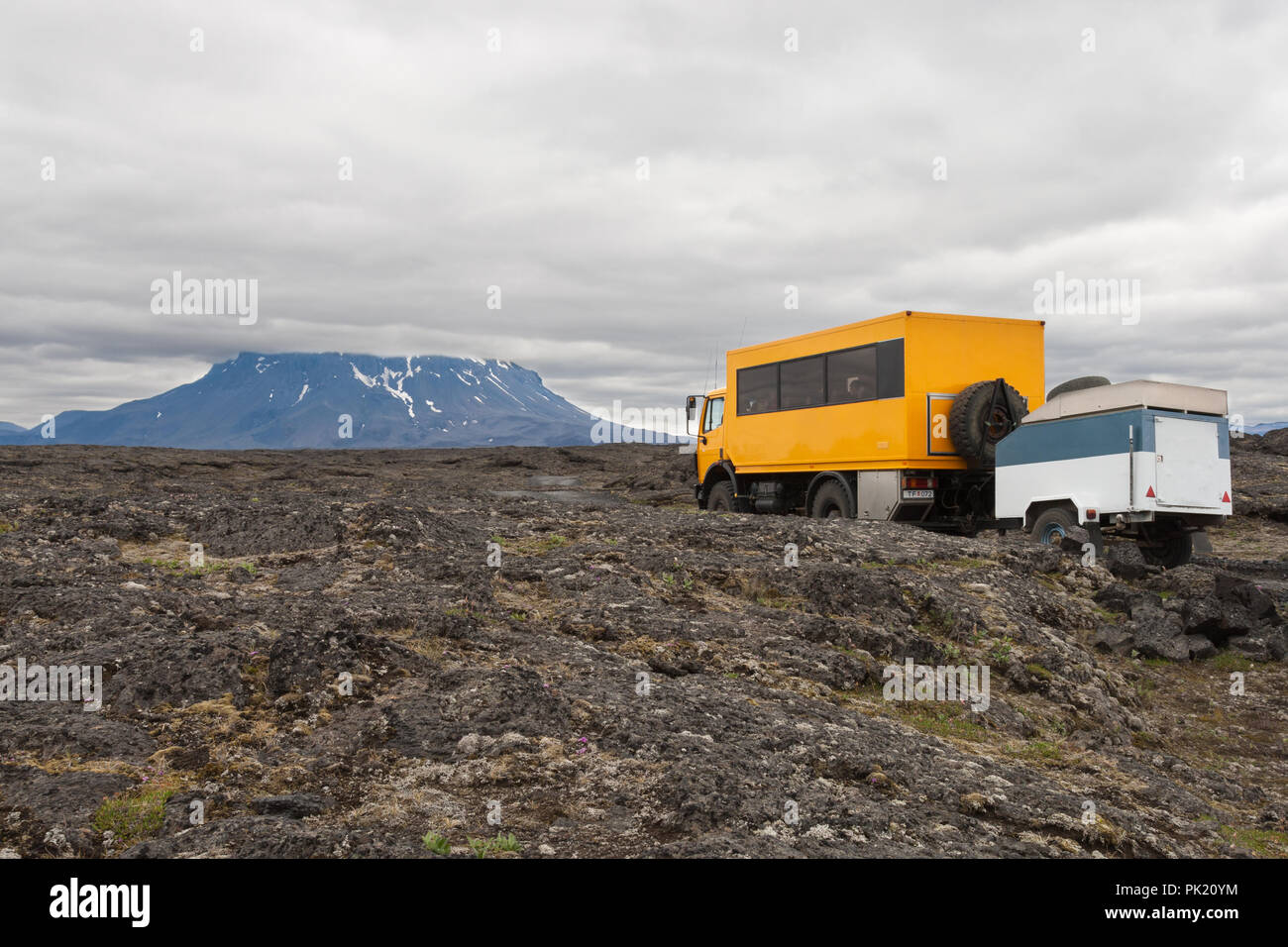 Tourist truck with volcanic landscape of Iceland Stock Photo