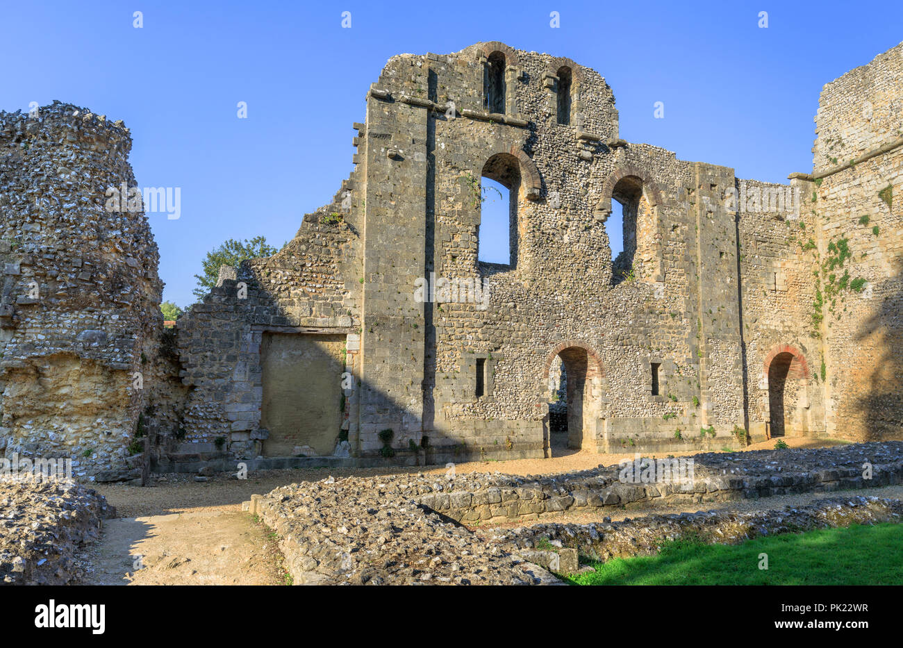 Ruins of ancient medieval Wolvesey Castle (Old Bishop's Palace) in Winchester, Hampshire, southern England, UK on a bright sunny day with blue sky Stock Photo