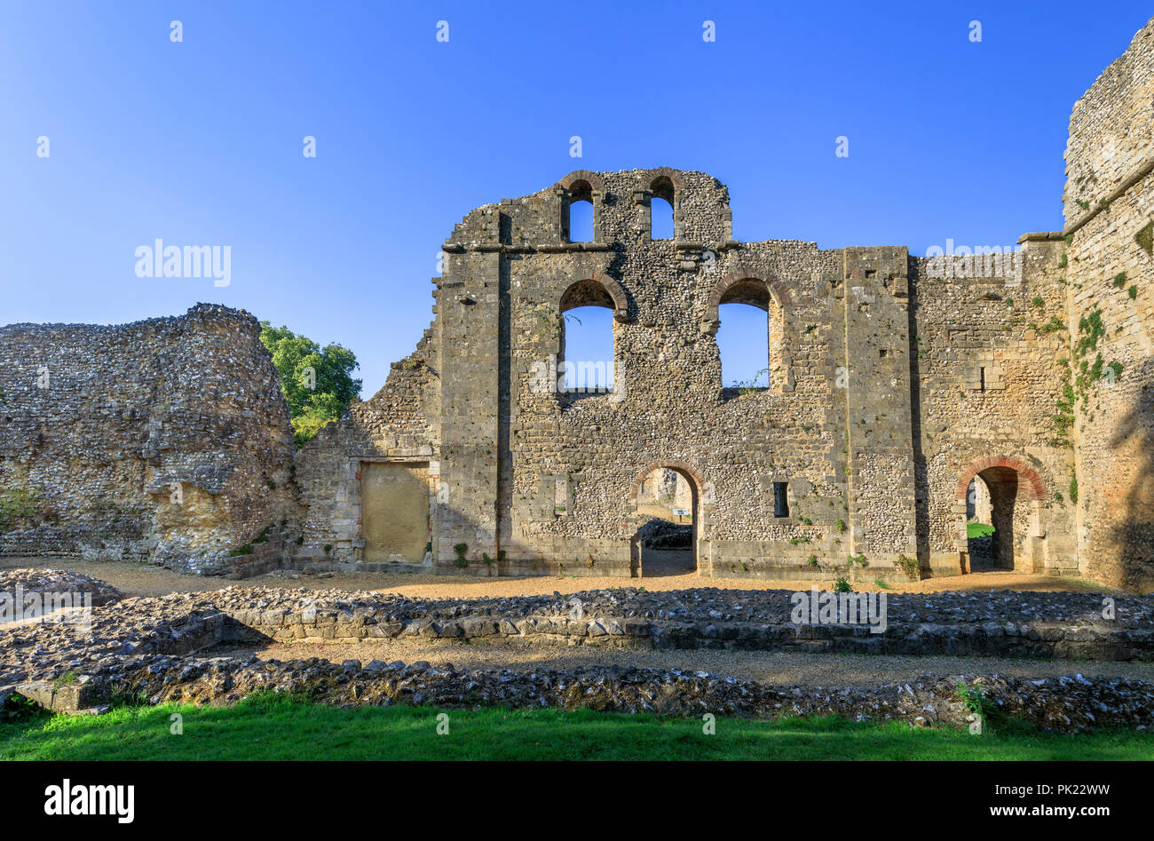 Ruins of ancient medieval Wolvesey Castle (Old Bishop's Palace) in Winchester, Hampshire, southern England, UK on a bright sunny day with blue sky Stock Photo