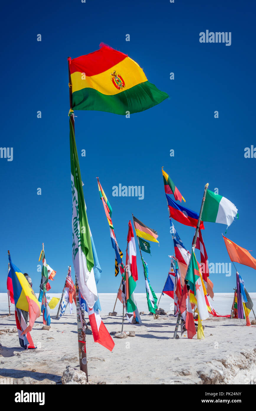 Colorful Flags From All Over the World at Uyuni Salt Flats, Bolivia, South America Stock Photo