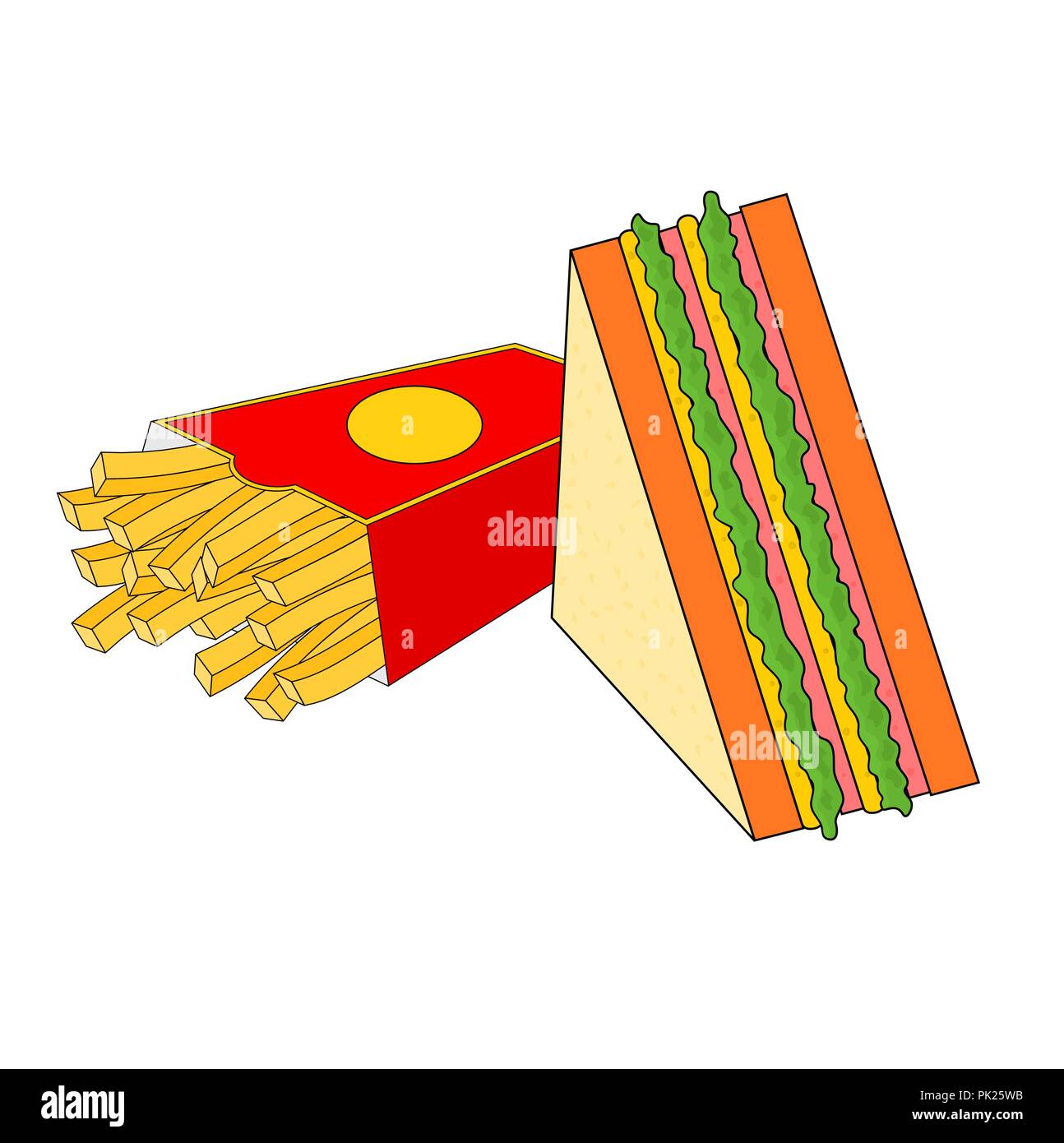 Delicious fast food breakfast menu with ham sandwich and french fries Stock Vector