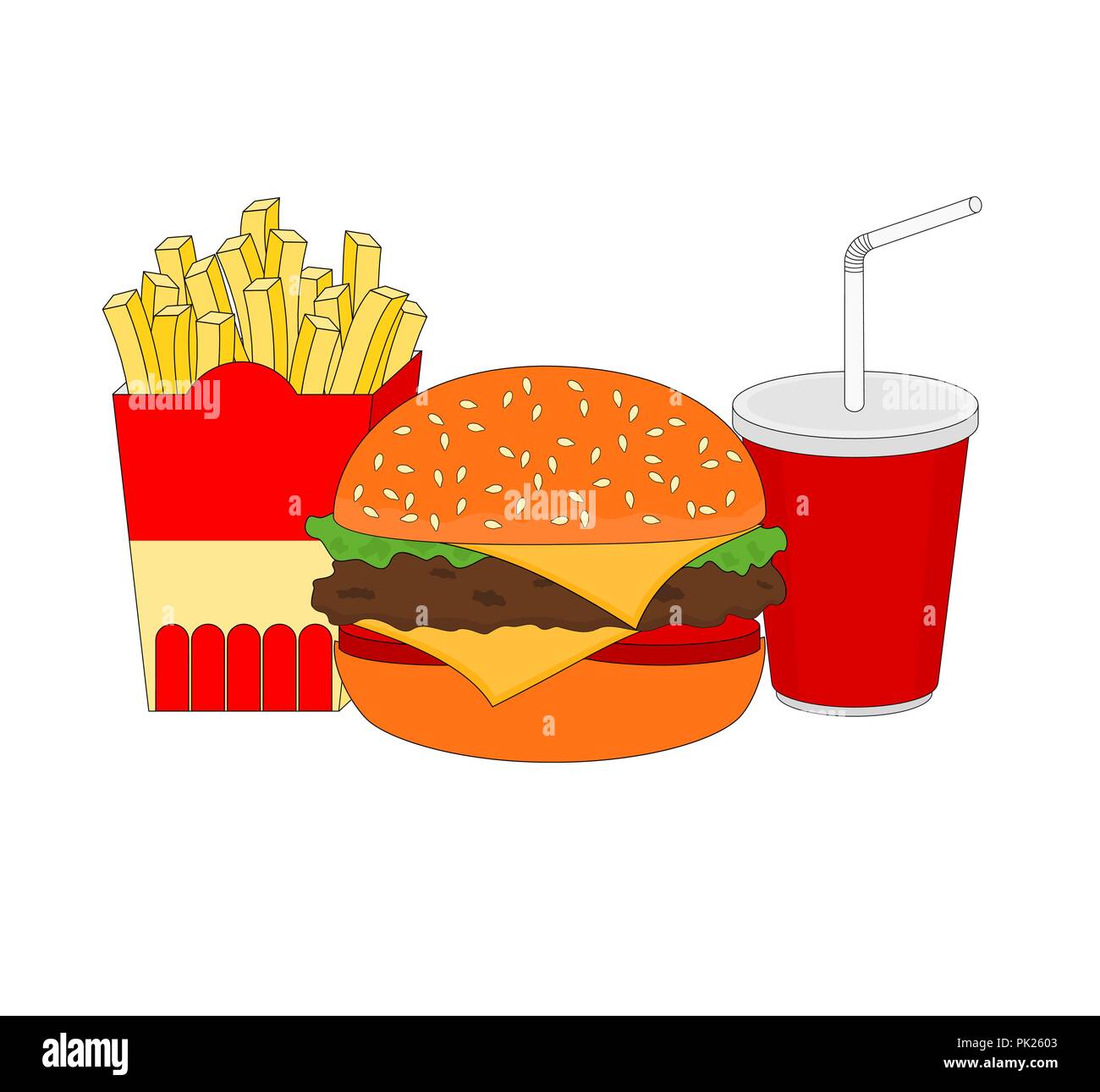 Isolated tasty fast food lunch menu with meat burger , french fries and drink Stock Vector