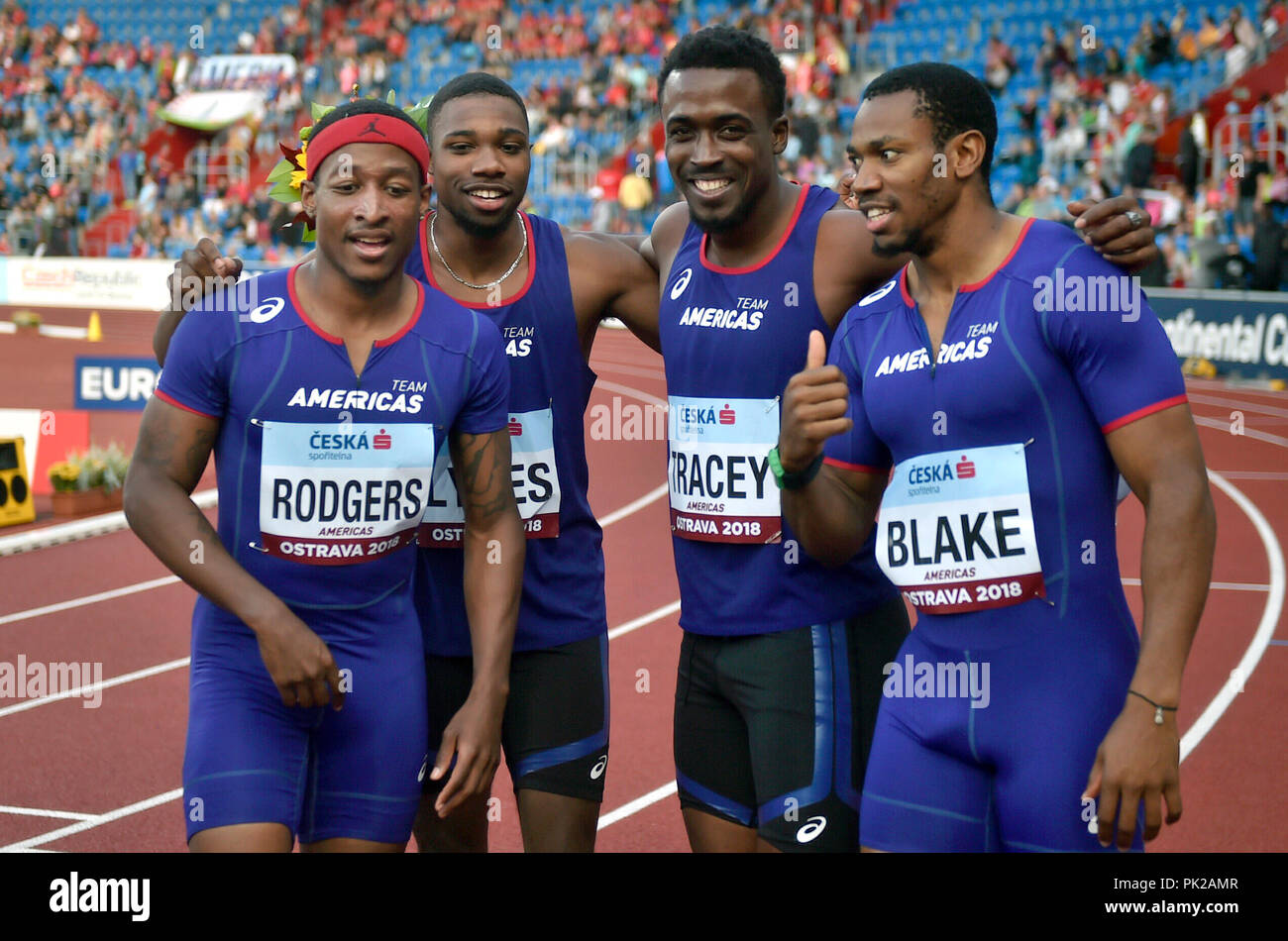 Ostrava, Czech Republic. 8th Sep, 2018. Runners Michael Rodgers (USA), Noah Lyles (USA), Yohan Blake (Jamaica) and Tyquendo Tracey (Jamaica) pose after their win of 4x100 metres relay, men, during the IAAF Continental Cup Ostrava 2018, in Ostrava, Czech Republic, on Saturday, September 8, 2018. Credit: Jaroslav Ozana/CTK Photo/Alamy Live News Stock Photo