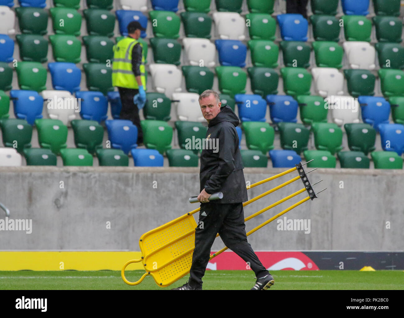 Windsor Park, Belfast, Northern Ireland. 10 September 2018. After Saturday's defeat in the UEFA Nations League, Northern Ireland returned to training this morning at Windsor Park. Tomorrow night they play Israel in a friendly international. Northern Ireland manager Michael O'Neill at this morning's session. Credit: David Hunter/Alamy Live News. Stock Photo