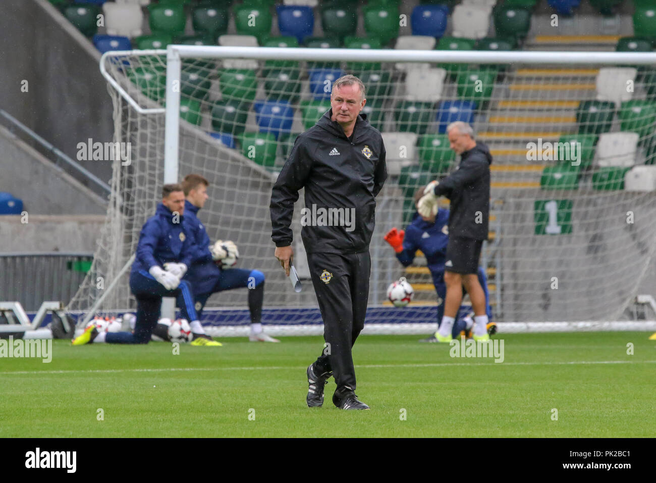 Windsor Park, Belfast, Northern Ireland. 10 September 2018. After Saturday's defeat in the UEFA Nations League, Northern Ireland returned to training this morning at Windsor Park. Tomorrow night they play Israel in a friendly international. Northern Ireland manager Michael O'Neill at this morning's session. Credit: David Hunter/Alamy Live News. Stock Photo