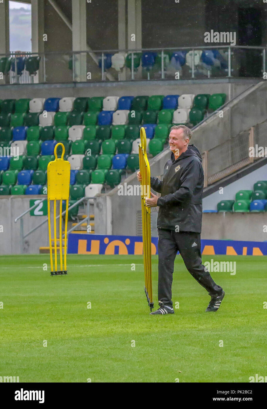 Windsor Park, Belfast, Northern Ireland. 10 September 2018. After Saturday's defeat in the UEFA Nations League, Northern Ireland returned to training this morning at Windsor Park. Tomorrow night they play Israel in a friendly international. Northern Ireland manager Michael O'Neill at this morning's session. Credit: David Hunter/Alamy Live News. Stock Photo