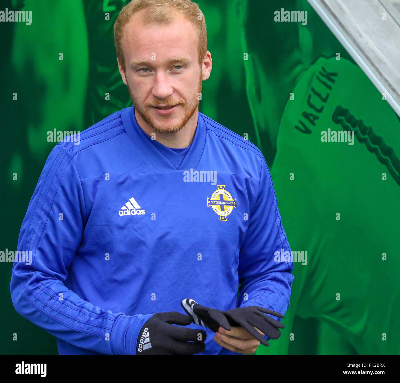 Windsor Park, Belfast, Northern Ireland. 10 September 2018. After Saturday's defeat in the UEFA Nations League, Northern Ireland returned to training this morning at Windsor Park. Tomorrow night they play Israel in a friendly international. Liam Boyce at training. Credit: David Hunter/Alamy Live News. Stock Photo