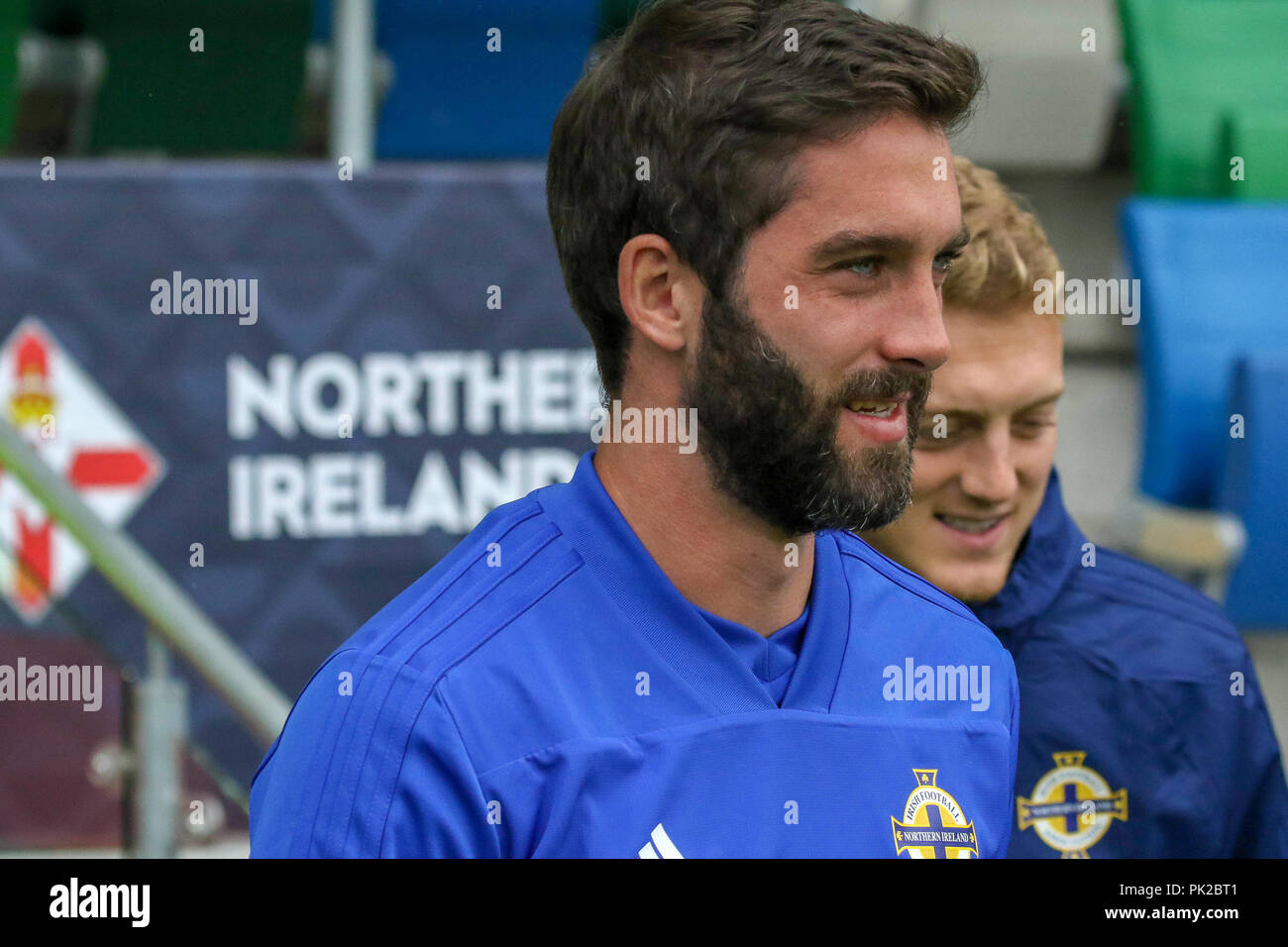 Windsor Park, Belfast, Northern Ireland. 10 September 2018. After Saturday's defeat in the UEFA Nations League, Northern Ireland returned to training this morning at Windsor Park. Tomorrow night they play Israel in a friendly international. Will Grigg at training. Credit: David Hunter/Alamy Live News. Stock Photo